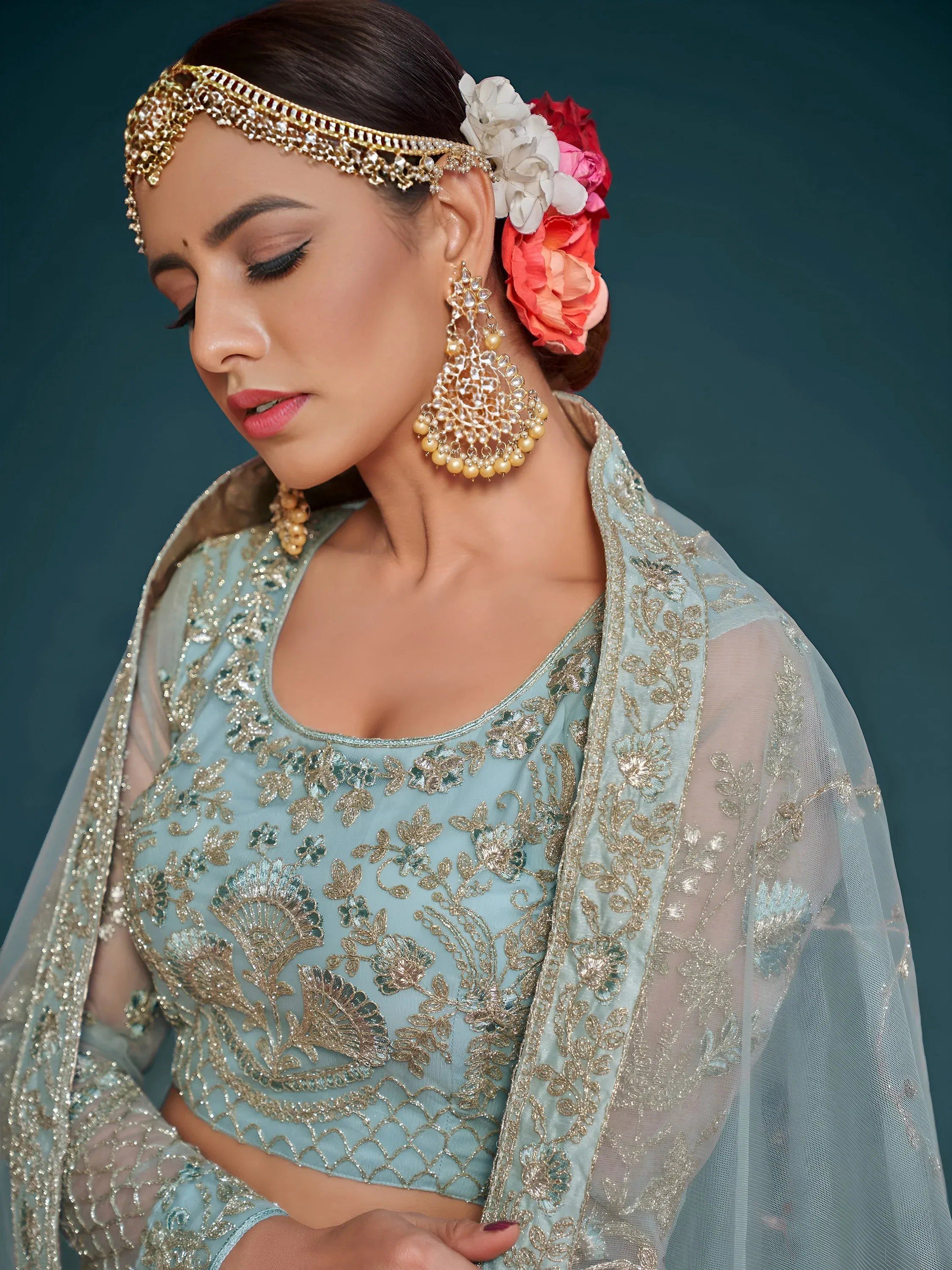 Tulsi Art Exquisite Sky-Blue Dori Work Soft Net Ceremony Wear Lehenga Choli | Grocsy