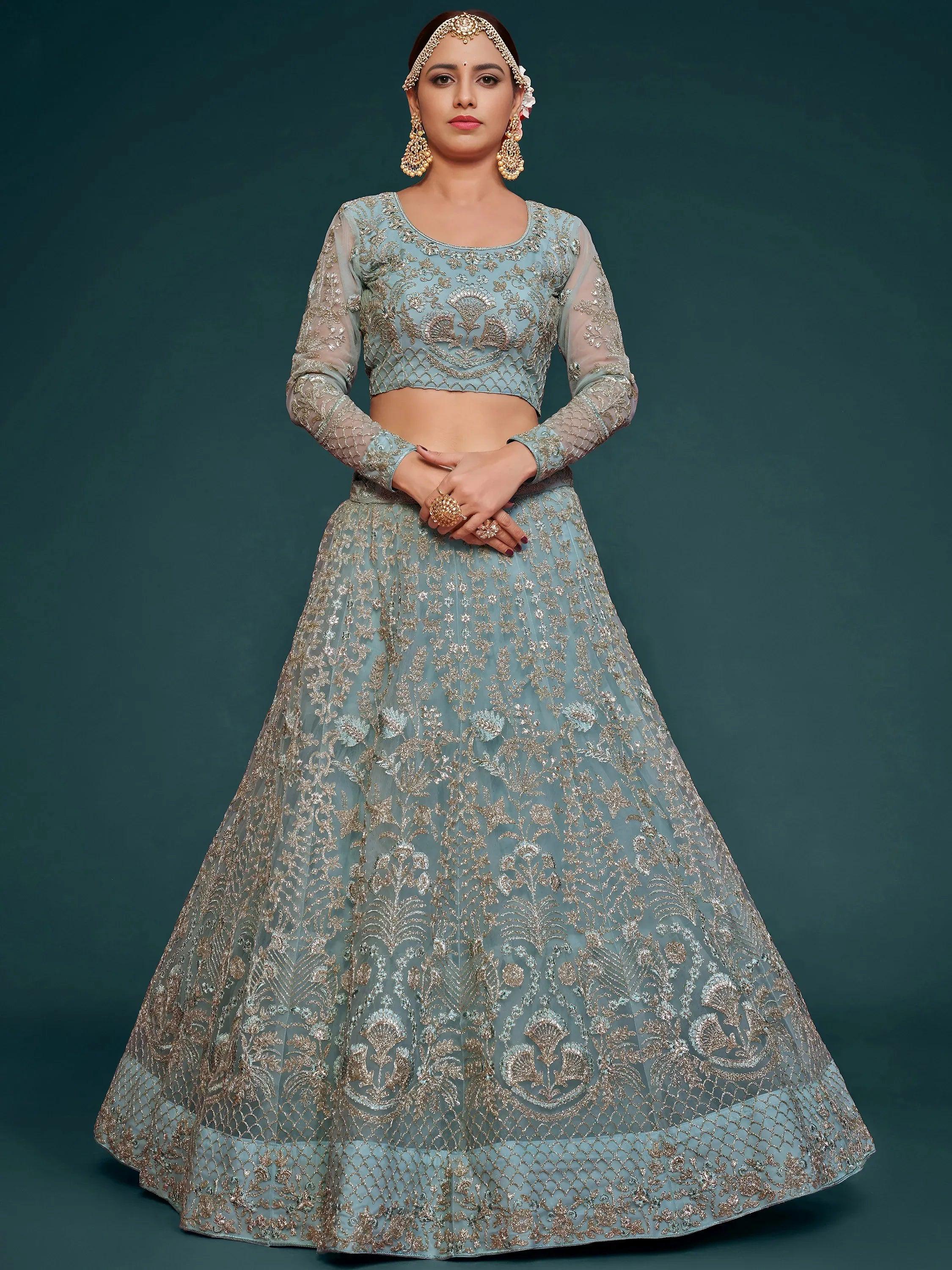 Tulsi Art Exquisite Sky-Blue Dori Work Soft Net Ceremony Wear Lehenga Choli | Grocsy