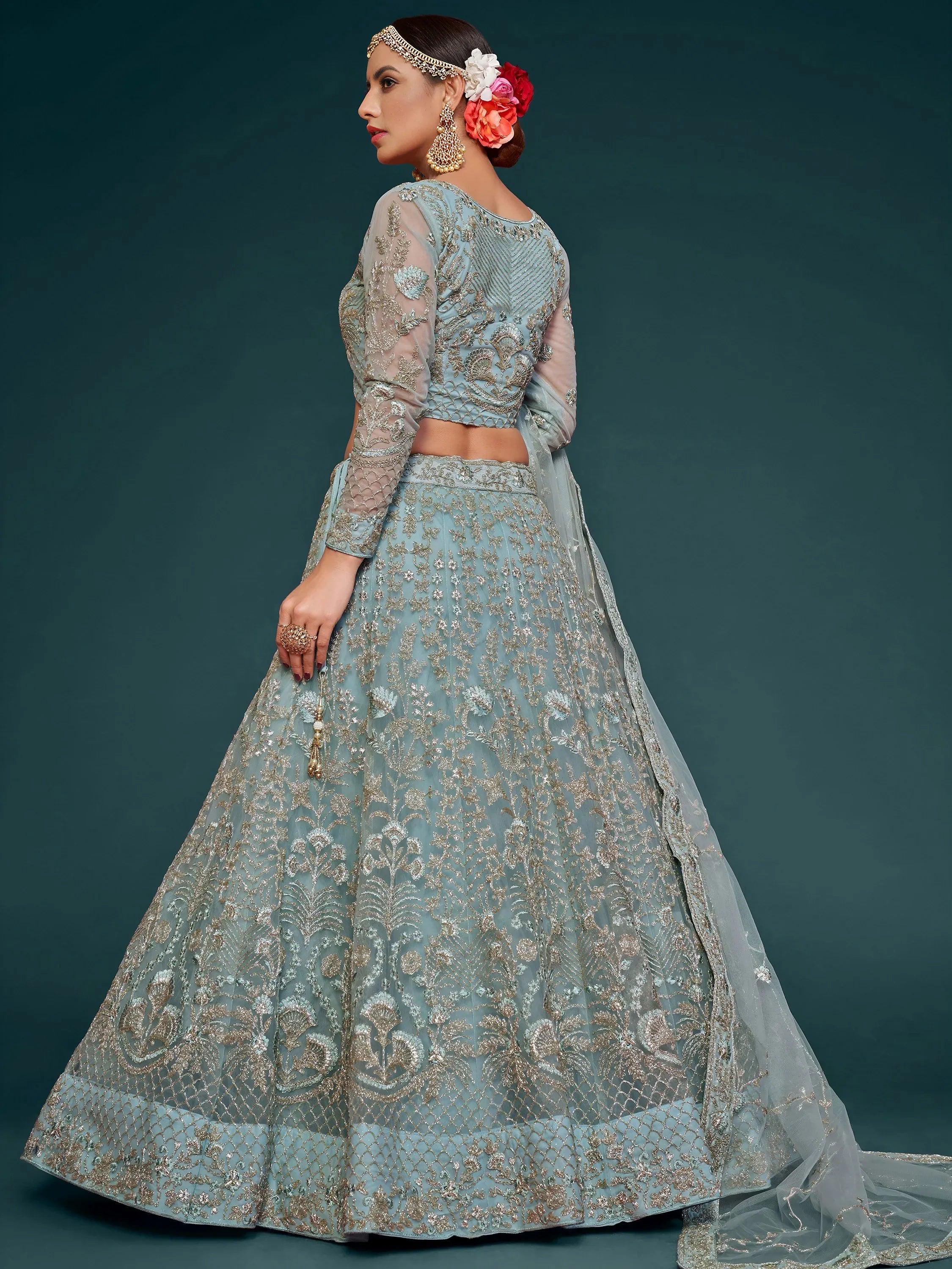 Tulsi Art Exquisite Sky-Blue Dori Work Soft Net Ceremony Wear Lehenga Choli | Grocsy