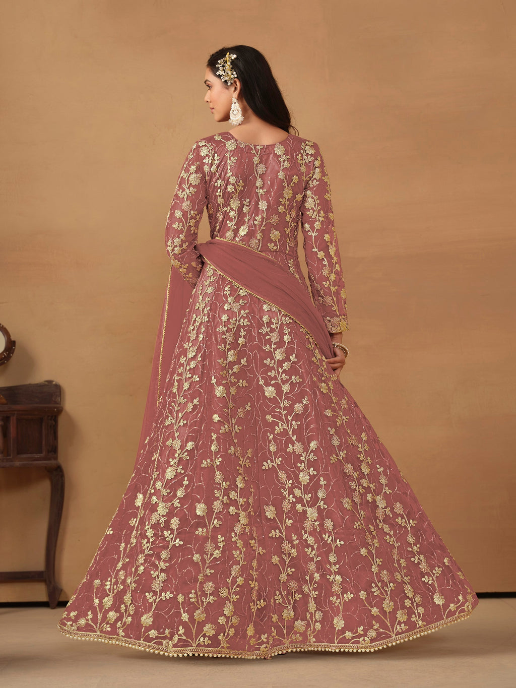 Anaita Peach Embroidered Butterfly Net Anarkali Suit | Grocsy