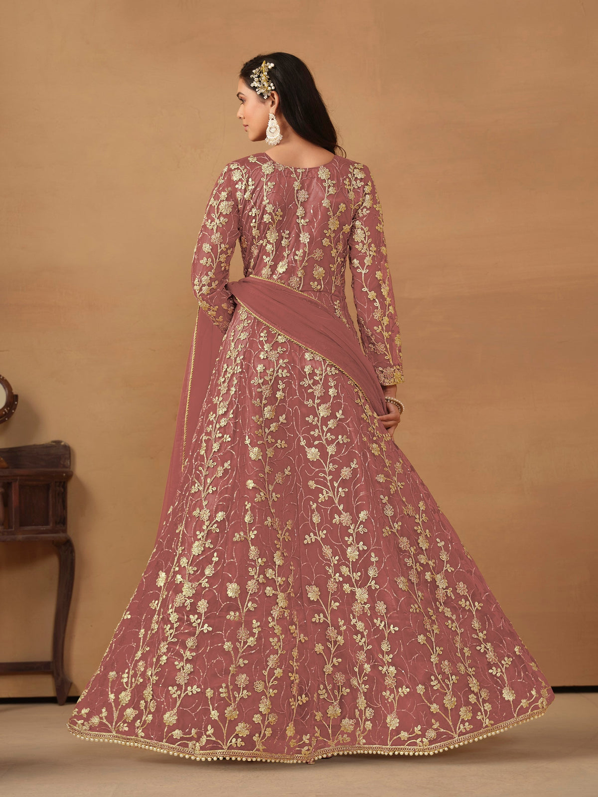 Anaita Peach Embroidered Butterfly Net Anarkali Suit | Grocsy