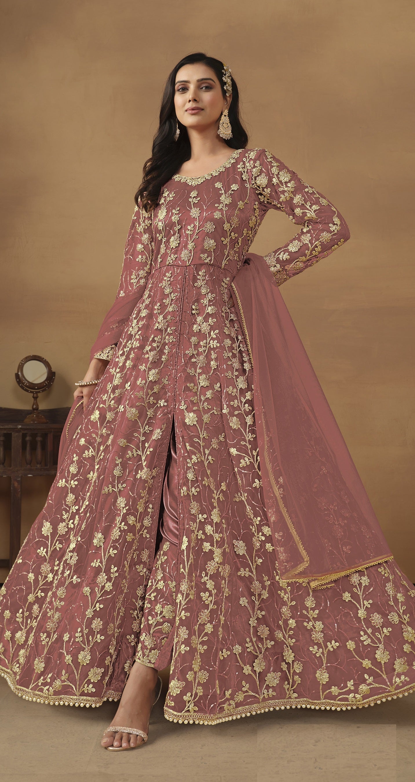 Anaita Peach Embroidered Butterfly Net Anarkali Suit | Grocsy