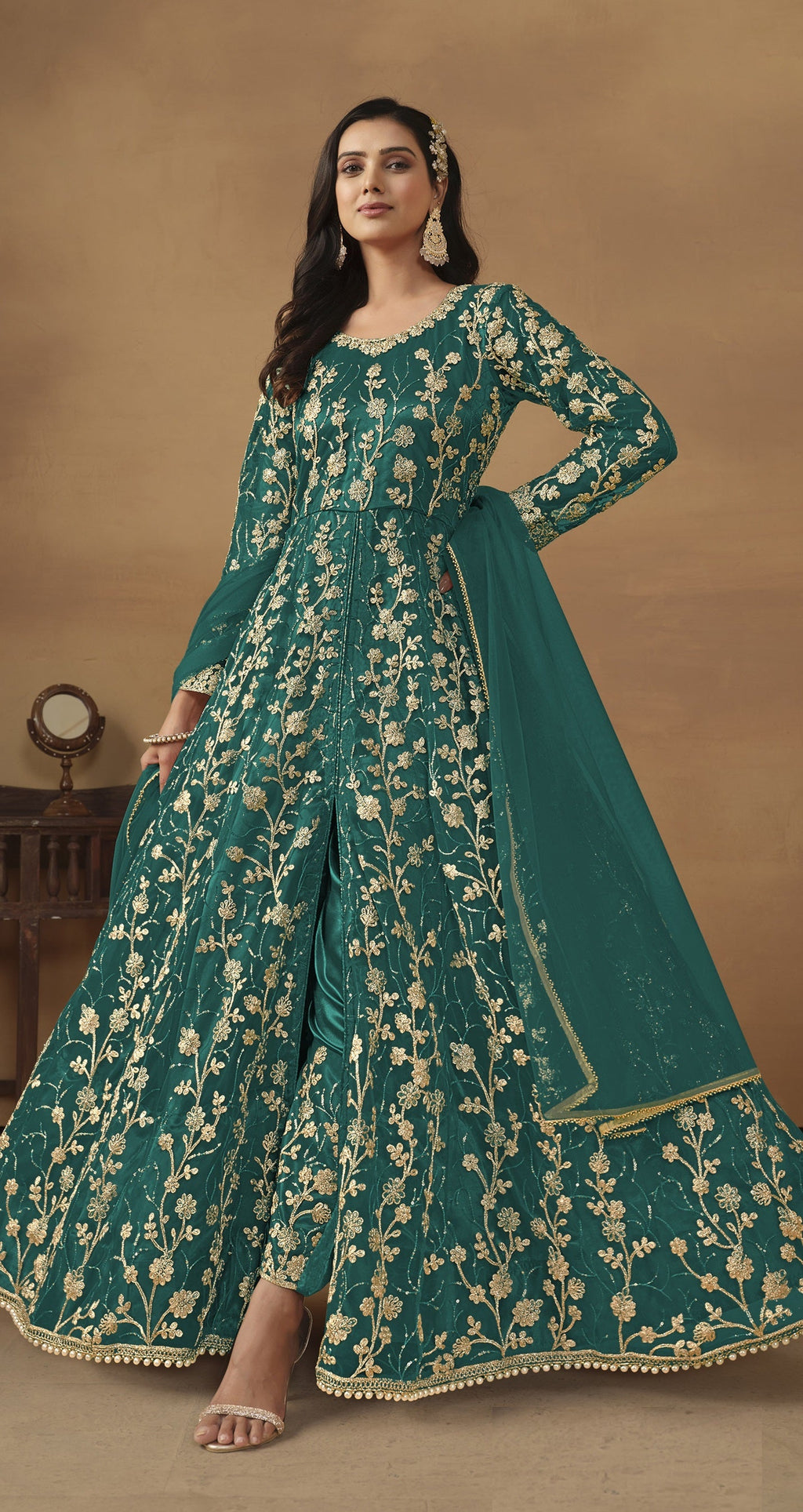 Anaita Teal Embroidered Butterfly Net Anarkali Suit | Grocsy