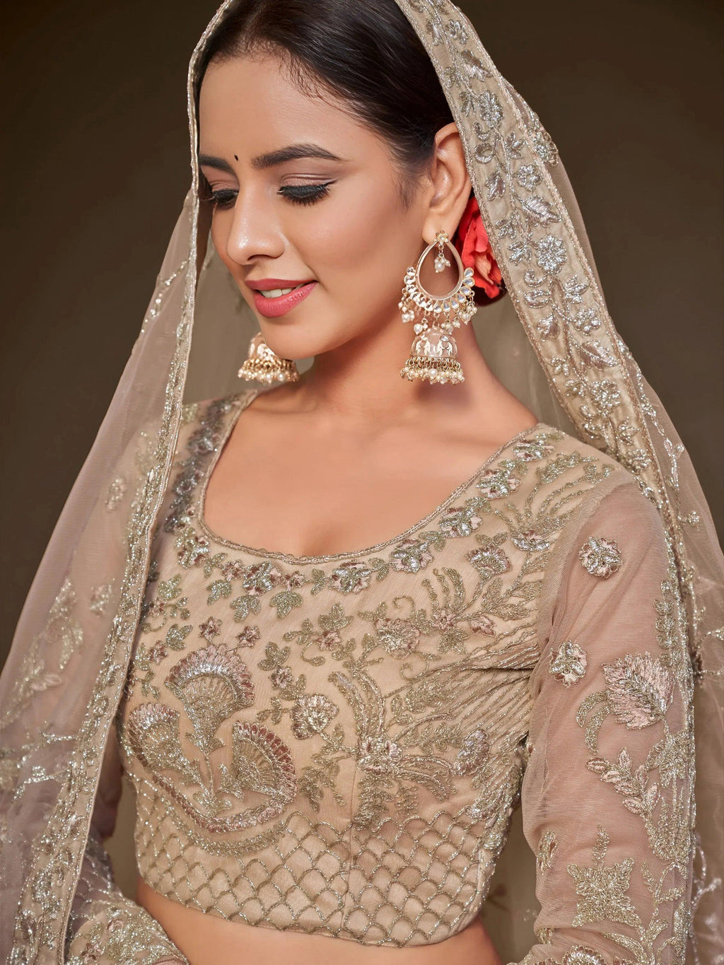 Tulsi Art Gorgeous Beige Embroidered Soft Net Occasion Wear Lehenga Choli | Grocsy