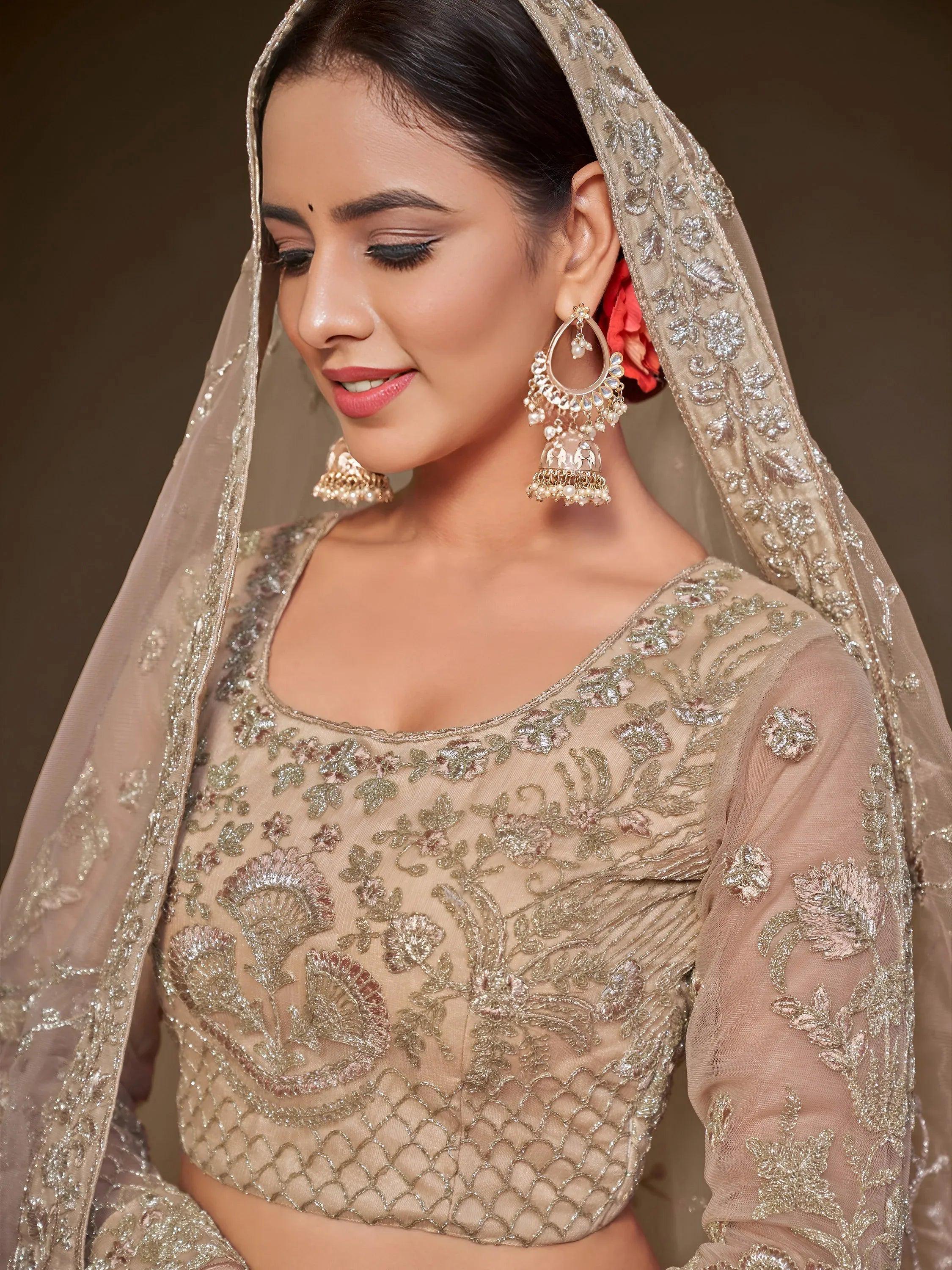Tulsi Art Gorgeous Beige Embroidered Soft Net Occasion Wear Lehenga Choli | Grocsy