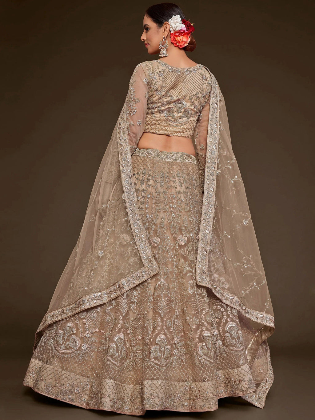 Tulsi Art Gorgeous Beige Embroidered Soft Net Occasion Wear Lehenga Choli | Grocsy