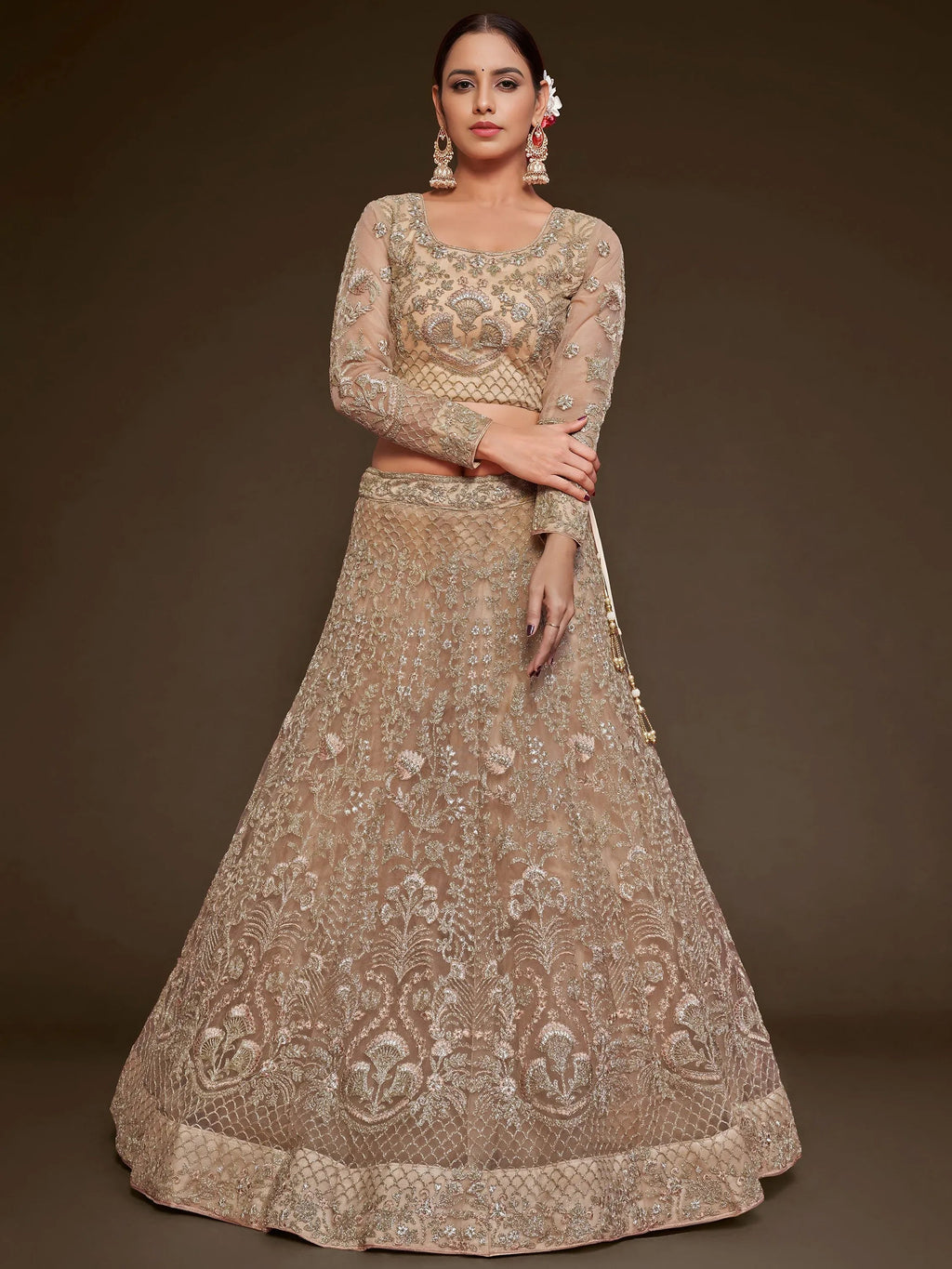 Tulsi Art Gorgeous Beige Embroidered Soft Net Occasion Wear Lehenga Choli | Grocsy