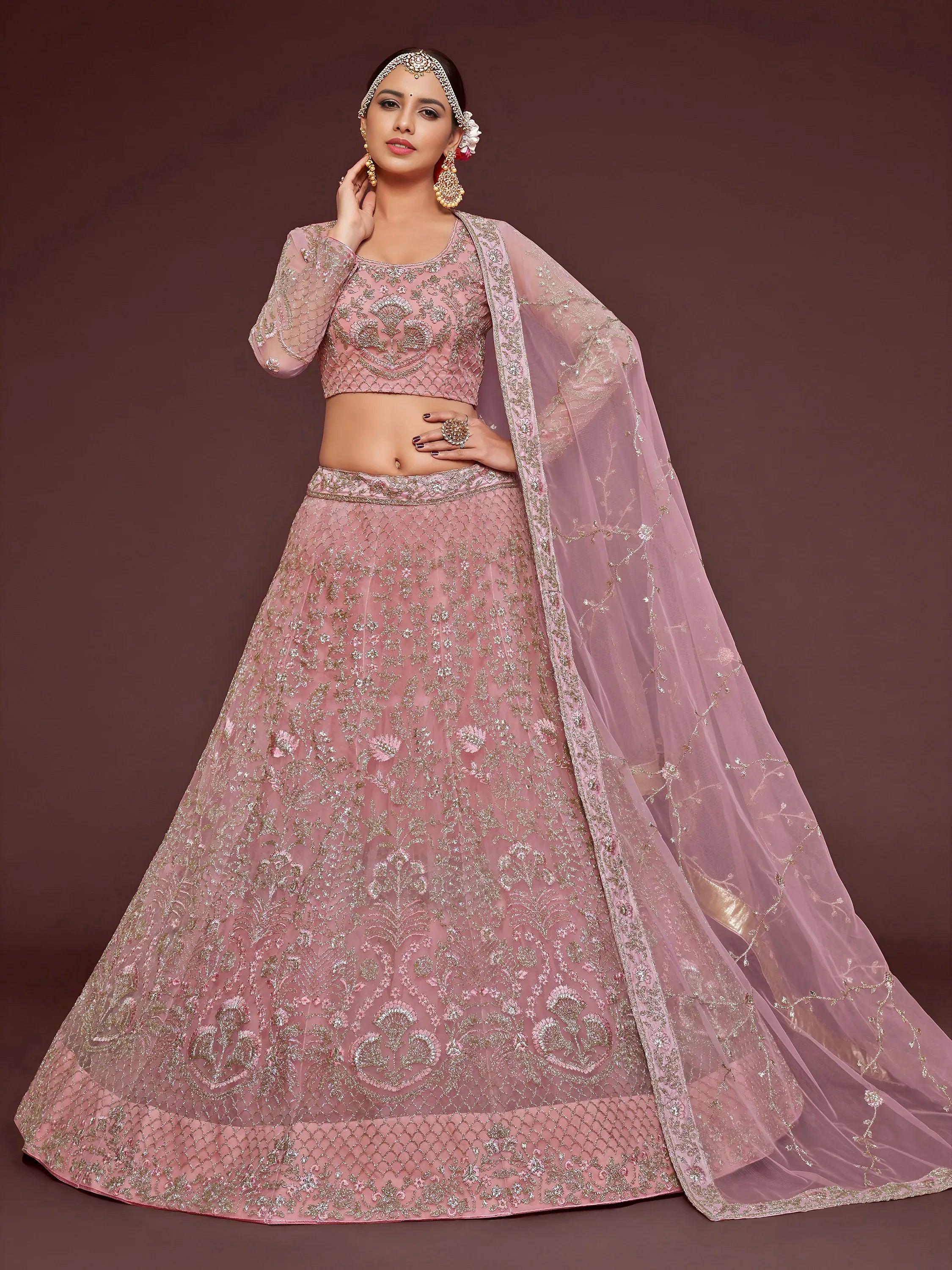 Tulsi Art Enchanting Light Pink Embroidered Soft Net Wedding Wear Lehenga Choli | Grocsy