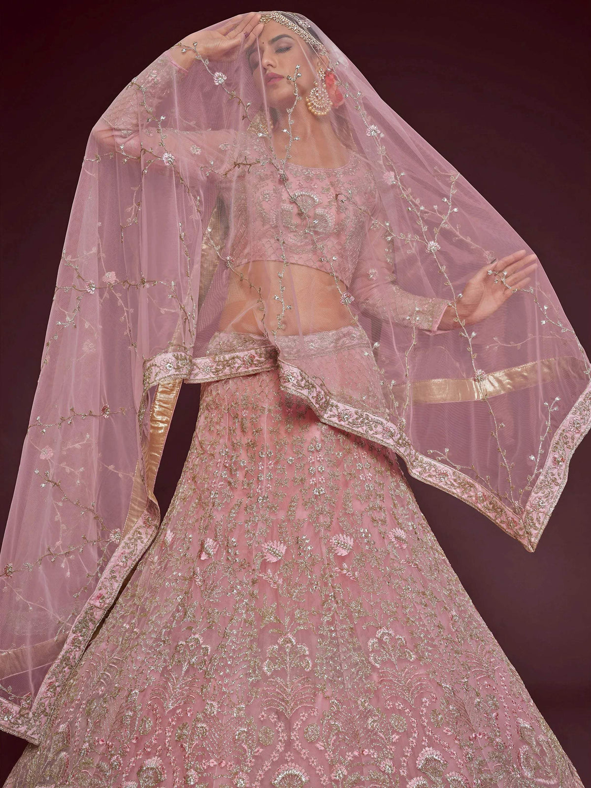 Tulsi Art Enchanting Light Pink Embroidered Soft Net Wedding Wear Lehenga Choli | Grocsy