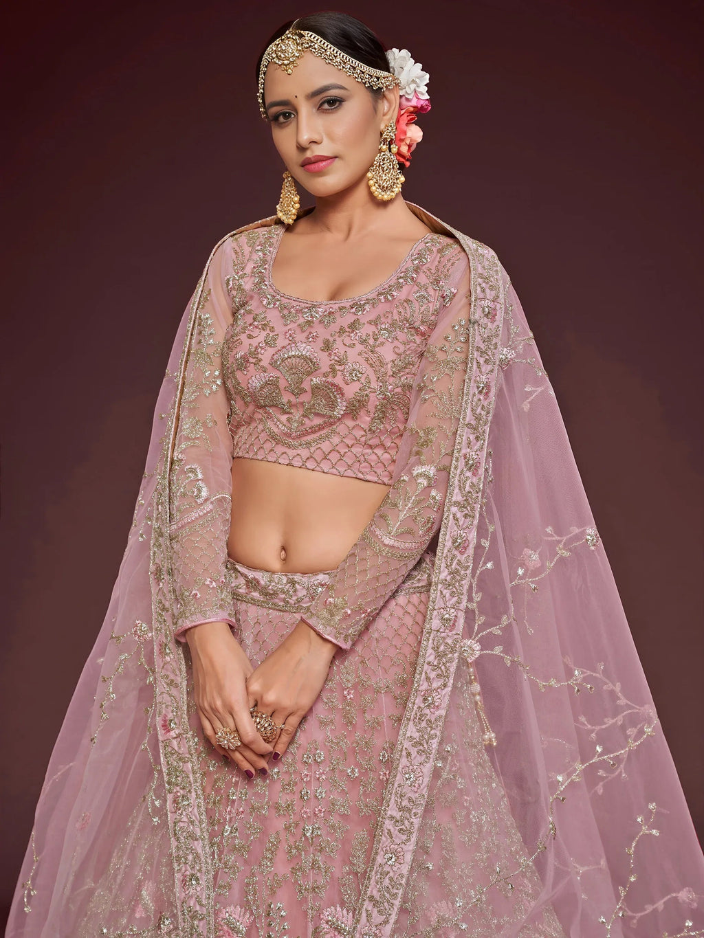 Tulsi Art Enchanting Light Pink Embroidered Soft Net Wedding Wear Lehenga Choli | Grocsy