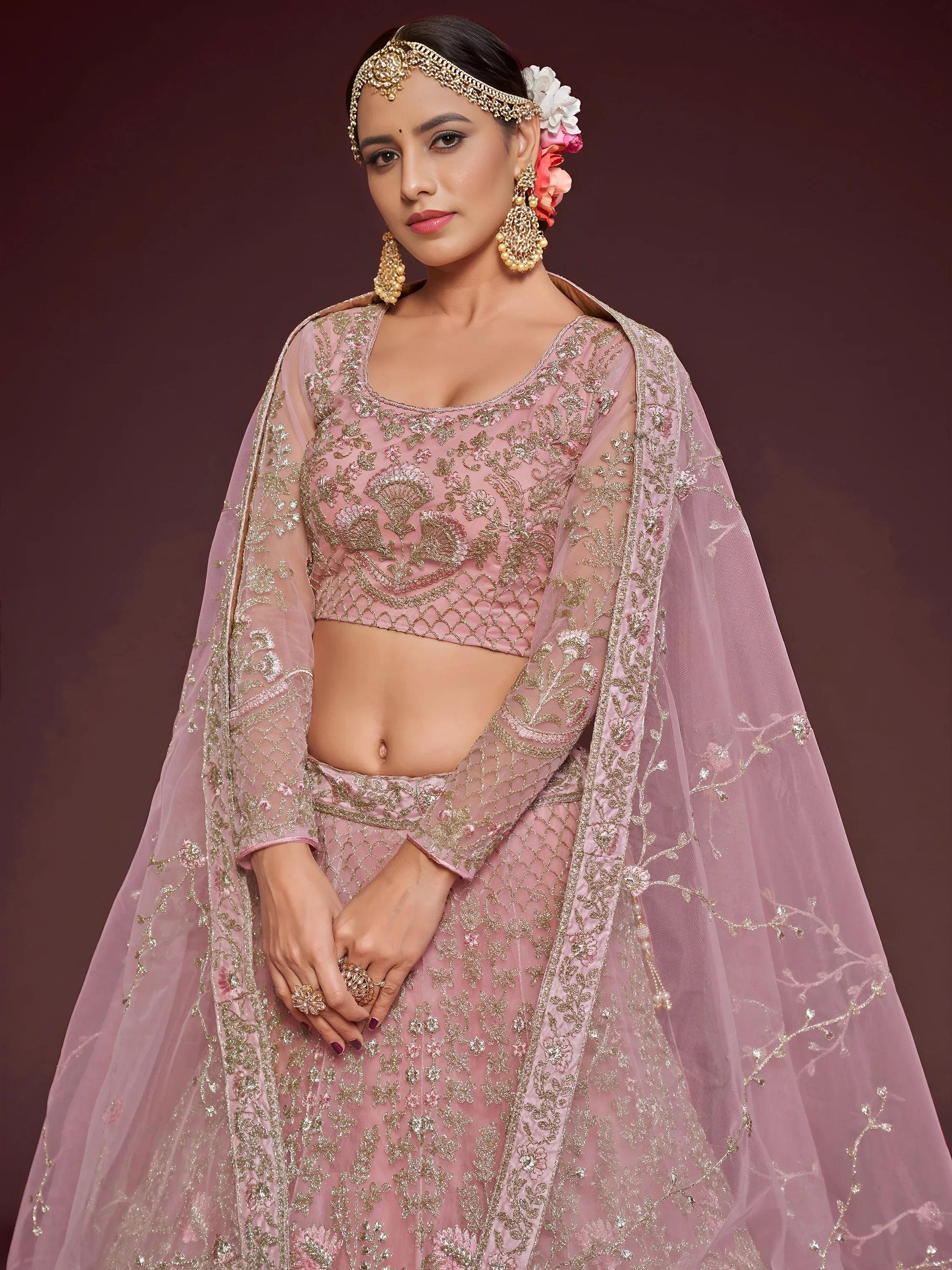 Tulsi Art Enchanting Light Pink Embroidered Soft Net Wedding Wear Lehenga Choli | Grocsy