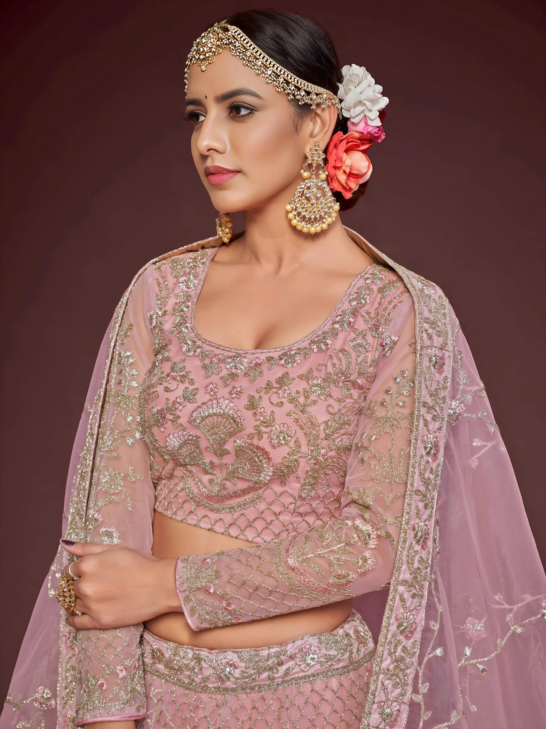 Tulsi Art Enchanting Light Pink Embroidered Soft Net Wedding Wear Lehenga Choli | Grocsy