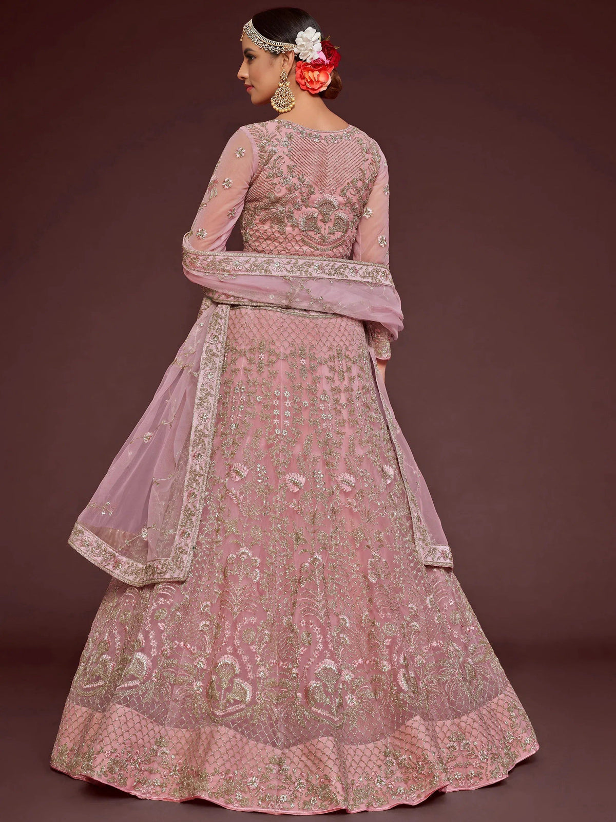 Tulsi Art Enchanting Light Pink Embroidered Soft Net Wedding Wear Lehenga Choli | Grocsy