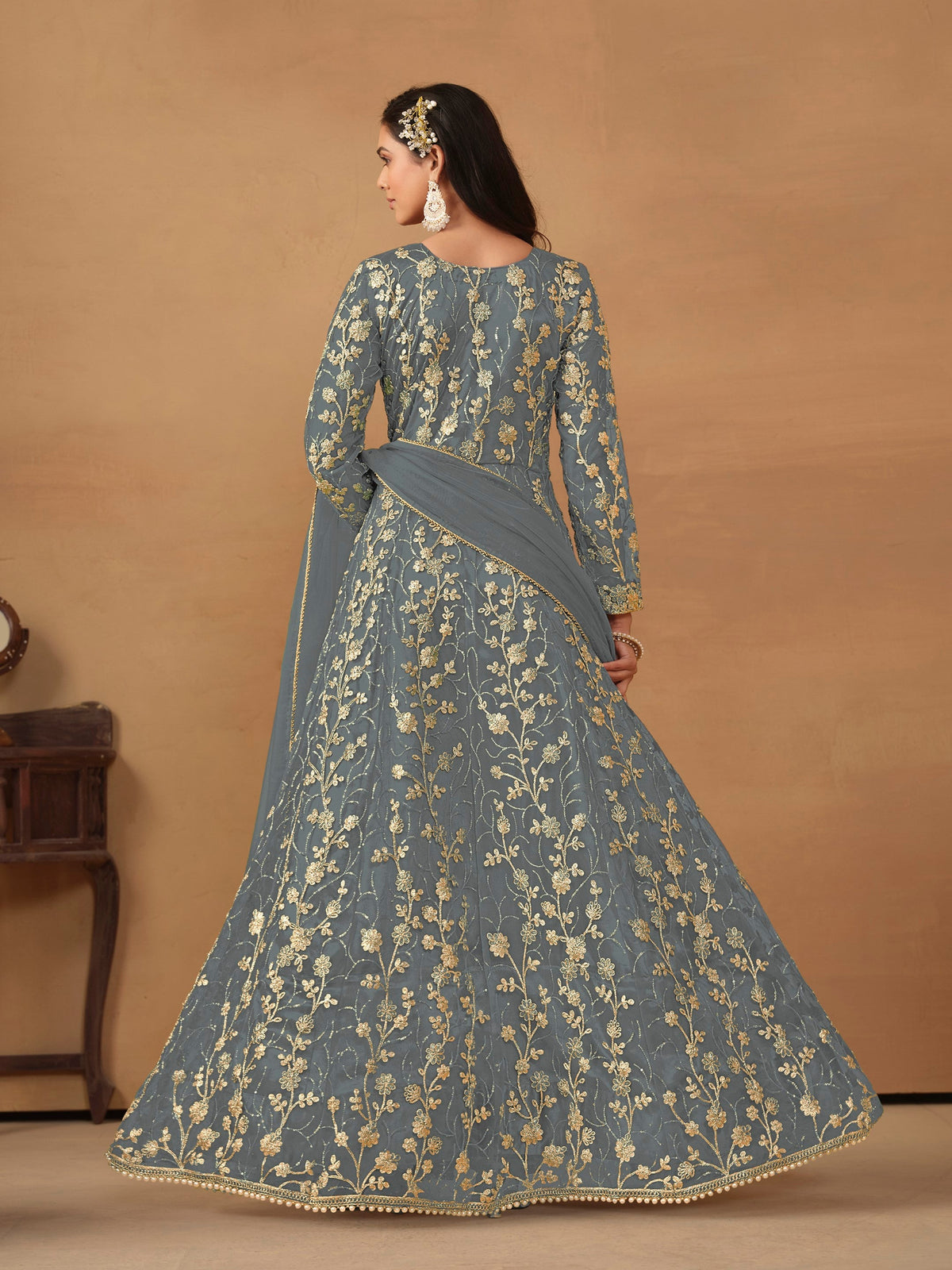Anaita Grey Embroidered Butterfly Net Anarkali Suit | Grocsy