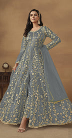 Anaita Grey Embroidered Butterfly Net Anarkali Suit | Grocsy