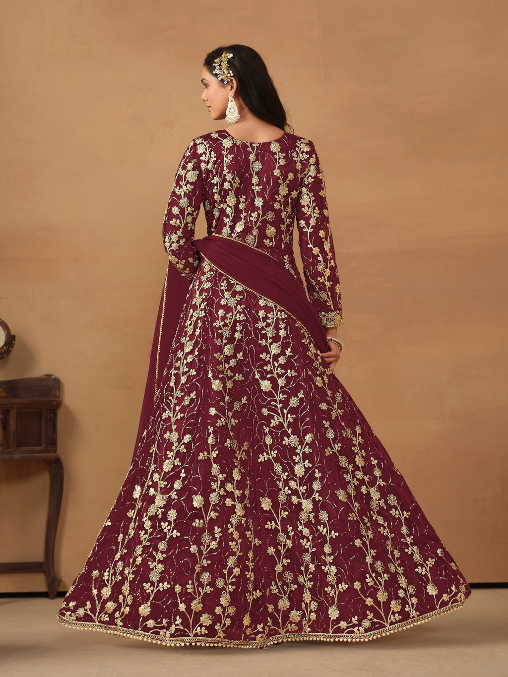 Anaita Wine Embroidered Butterfly Net Anarkali Suit | Grocsy