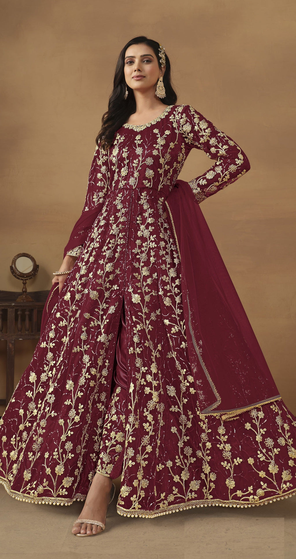 Anaita Wine Embroidered Butterfly Net Anarkali Suit | Grocsy