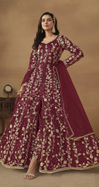 Anaita Wine Embroidered Butterfly Net Anarkali Suit | Grocsy