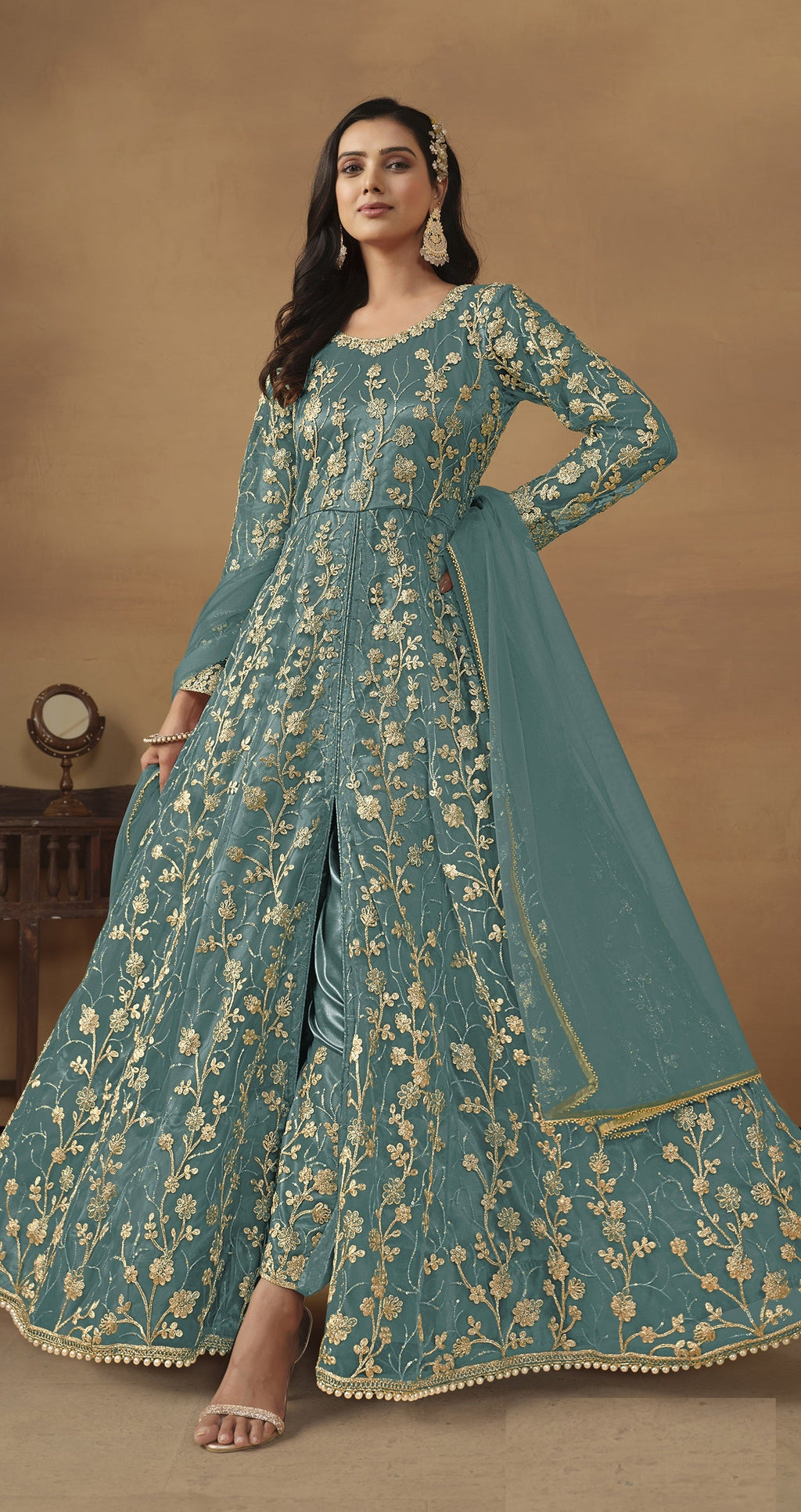 Anaita Sky Blue Embroidered Butterfly Net Anarkali Suit | Grocsy