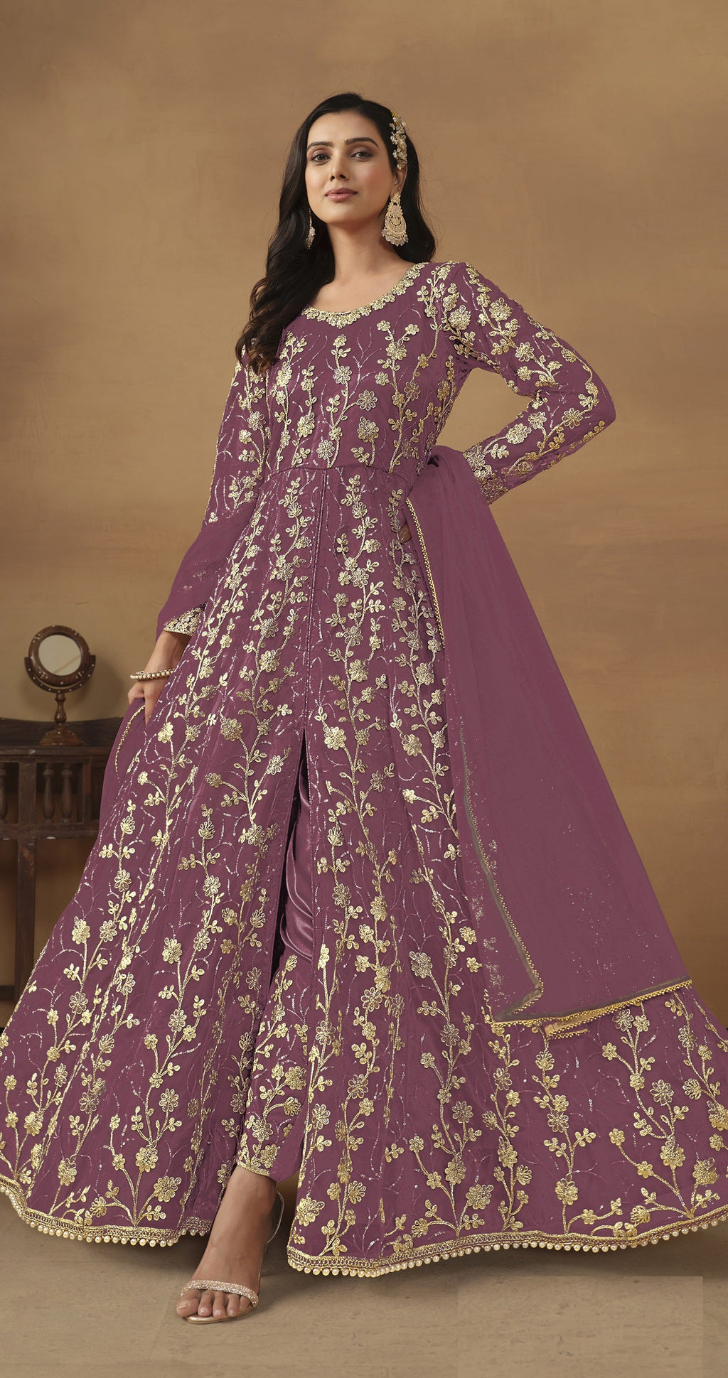 Anaita Lavender Embroidered Butterfly Net Anarkali Suit | Grocsy