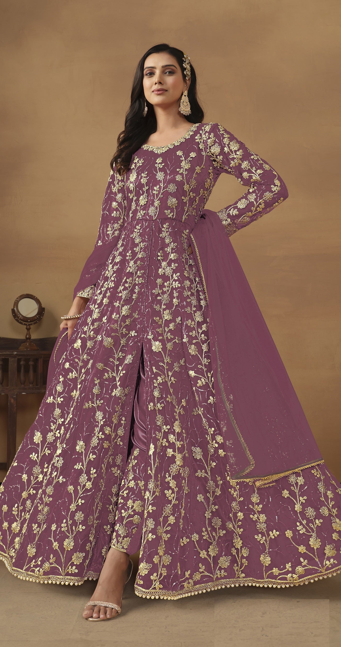 Anaita Lavender Embroidered Butterfly Net Anarkali Suit | Grocsy