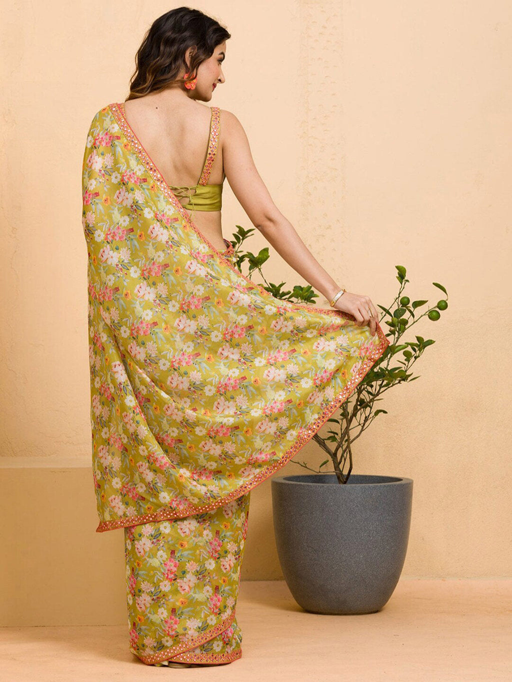 Sangria Floral Printed Mirror Work Saree | Grocsy