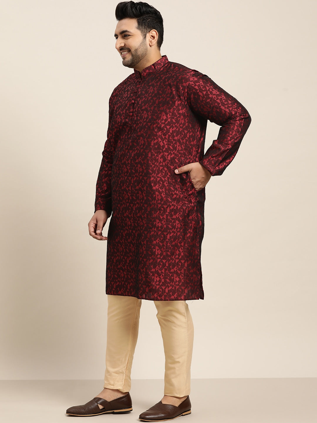 Sojanya Plus Men Plus Size Red & Black Woven Design Straight Kurta | Grocsy