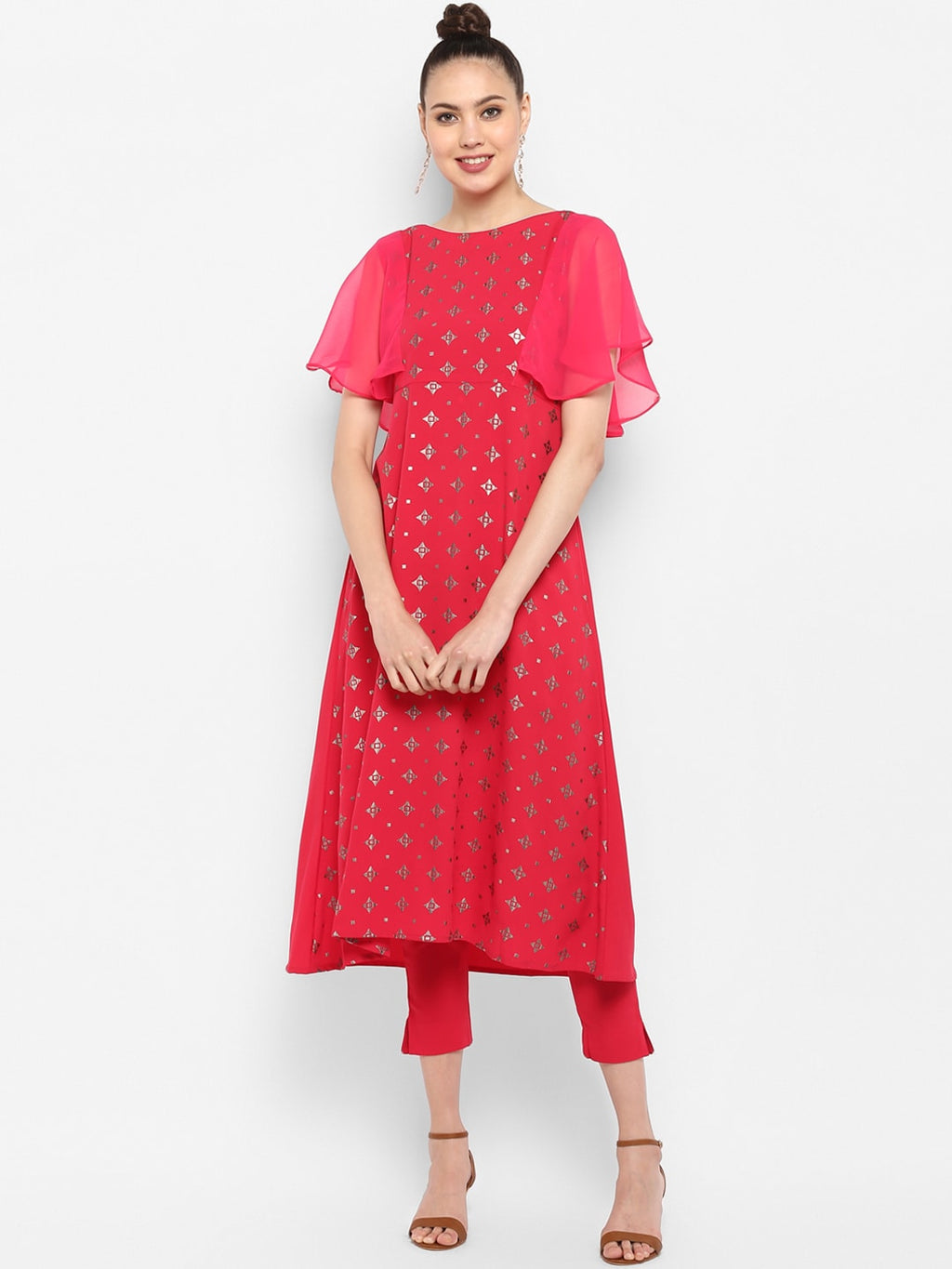 Janasya Women Magenta & Silver-Toned Printed Kurta with Trousers | Grocsy
