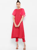 Janasya Women Magenta & Silver-Toned Printed Kurta with Trousers | Grocsy