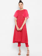 Janasya Women Magenta & Silver-Toned Printed Kurta with Trousers | Grocsy