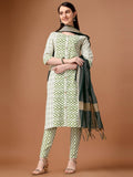 HERE&NOW Geometric Printed Pure Cotton Kurta With Trousers & Dupatta | Grocsy