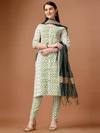 HERE&NOW Geometric Printed Pure Cotton Kurta With Trousers & Dupatta | Grocsy