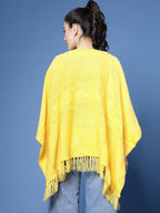 Women Yellow Acrylic Self Design Poncho - Wool Trees | Grocsy