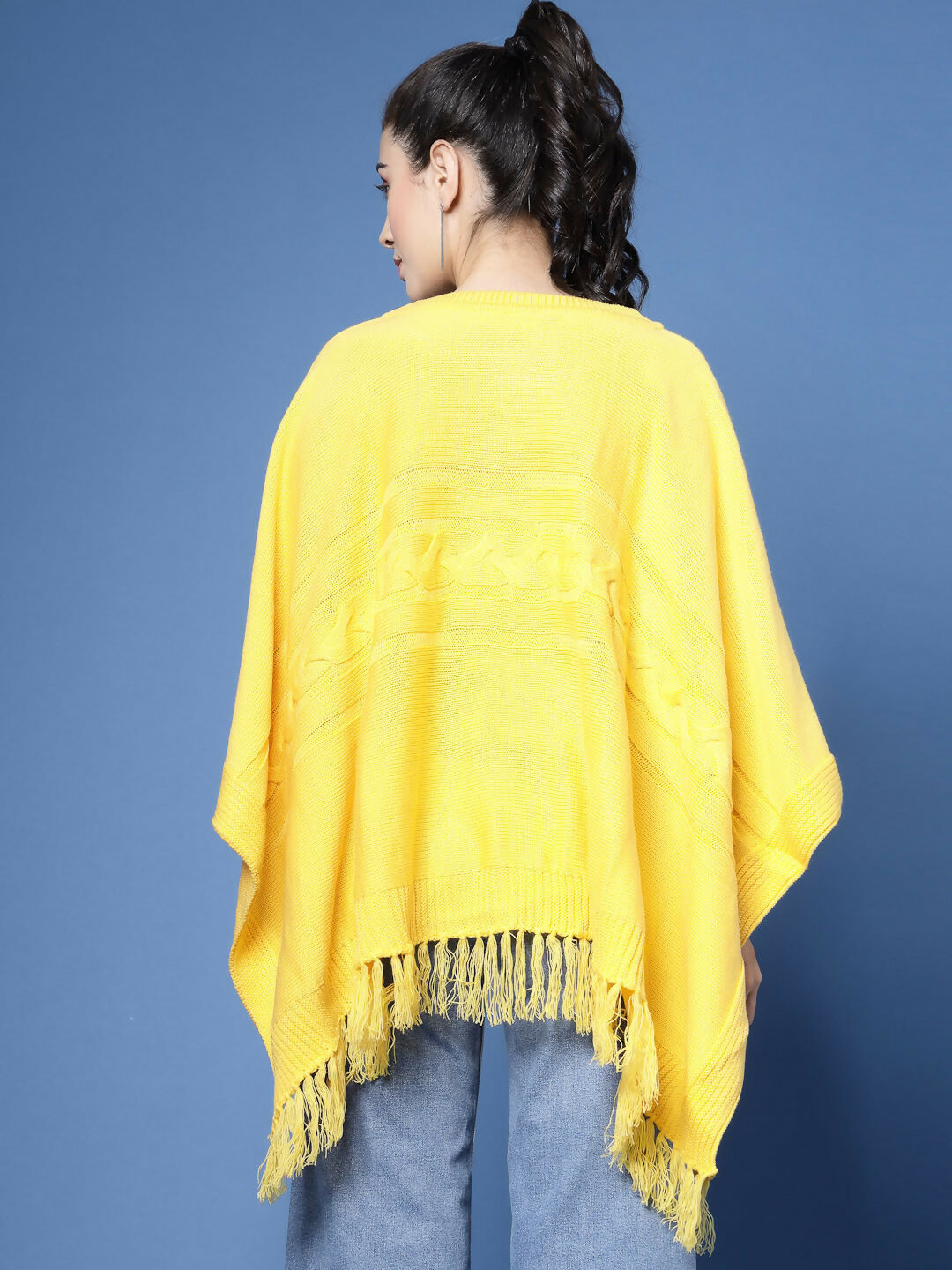 Women Yellow Acrylic Self Design Poncho - Wool Trees | Grocsy