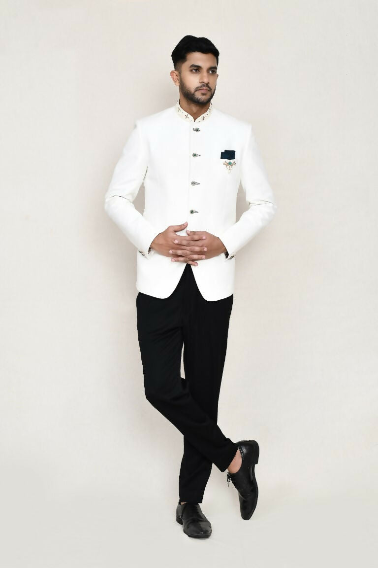 Joban Fashion White Colored Cotton Linen With Neck Embroidery Work Fabric Prince Coat, Pocket Square With Pant | Grocsy