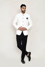 Joban Fashion White Colored Cotton Linen With Neck Embroidery Work Fabric Prince Coat, Pocket Square With Pant | Grocsy