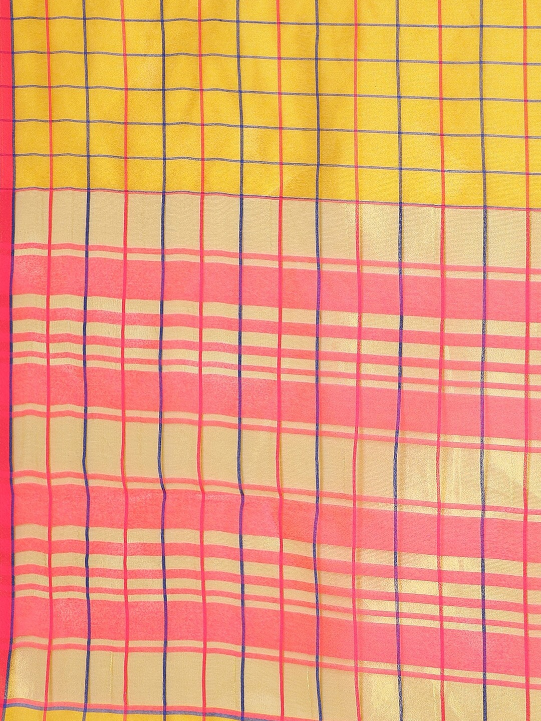 Saree Mall Mustard & Coral Checked Silk Cotton Sarees | Grocsy