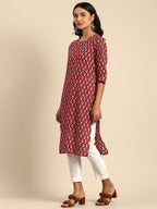 All About You Women Maroon Printed Pure Cotton Kurta with Trousers | Grocsy