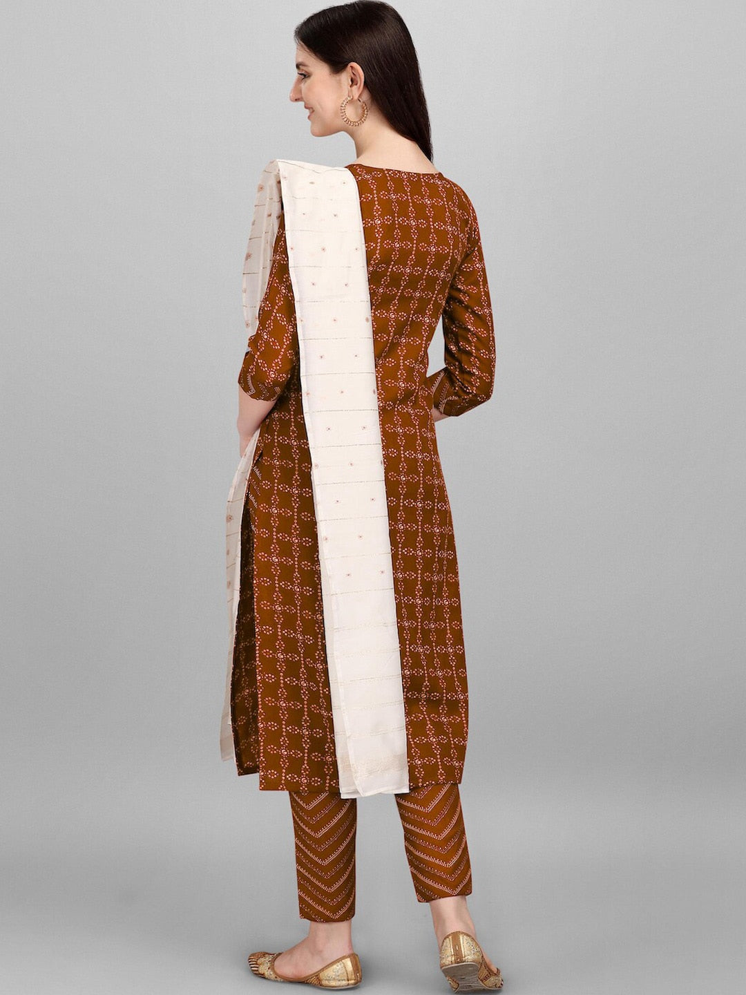 HERE&NOW Brown & White Regular Pure Cotton Kurta With Trousers & Dupatta | Grocsy
