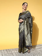 Saree Mall Navy Blue & Gold-Toned Ethnic Motifs Zari Silk Blend Banarasi Sarees | Grocsy
