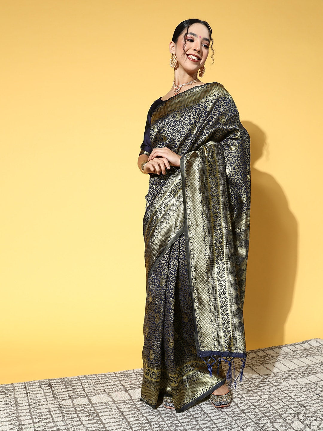 Saree Mall Navy Blue & Gold-Toned Ethnic Motifs Zari Silk Blend Banarasi Sarees | Grocsy