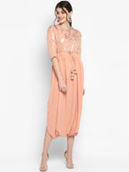 Janasya Women Peach-Coloured & Silver-Toned Printed A-Line Kurta | Grocsy
