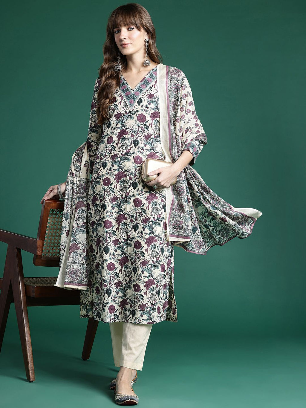 Indo Era Floral Printed Regular Pure Cotton Kurta with Trousers & Dupatta | Grocsy