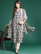 Indo Era Floral Printed Regular Pure Cotton Kurta with Trousers & Dupatta | Grocsy