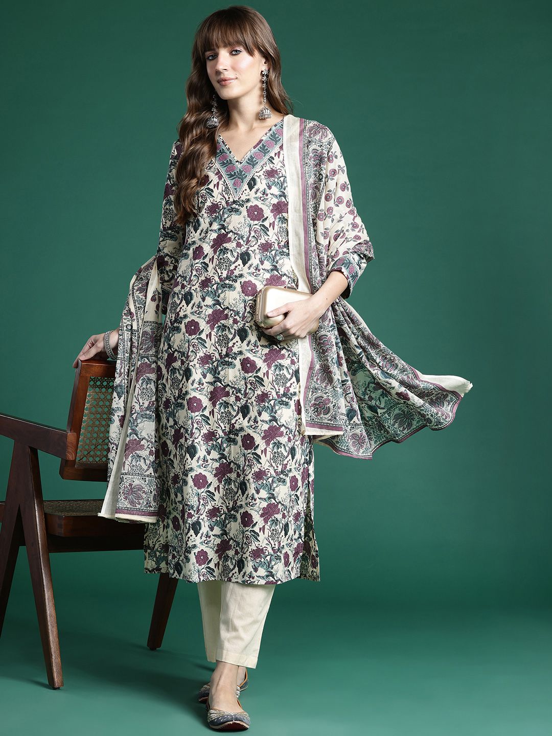 Indo Era Floral Printed Regular Pure Cotton Kurta with Trousers & Dupatta | Grocsy