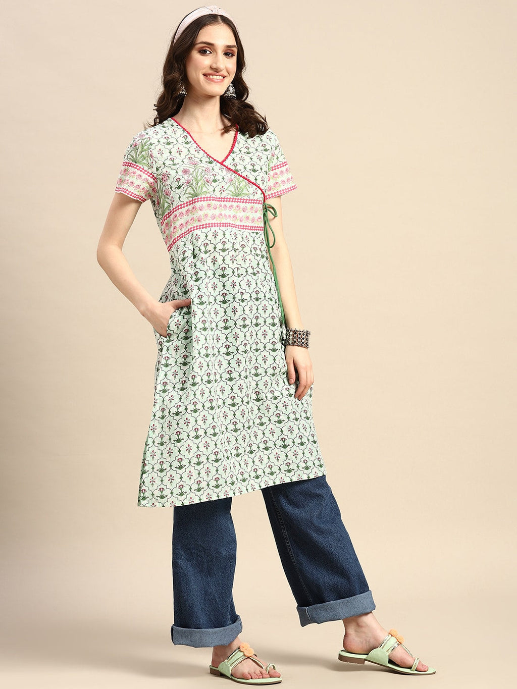 Sangria Pure Cotton Ethnic Motifs Printed Angrakha Kurta | Grocsy