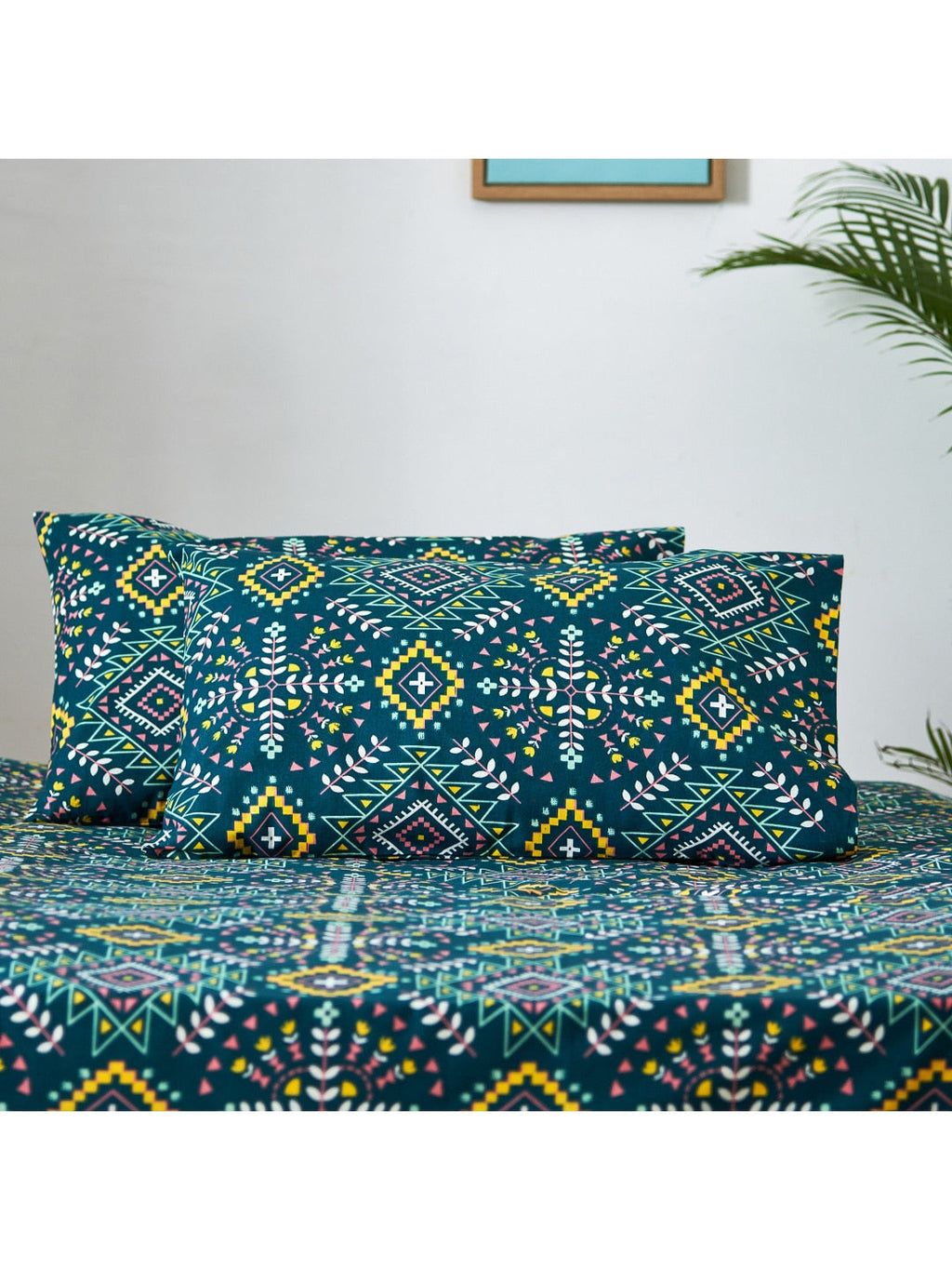 Chumbak Blue & Yellow Ethnic Motifs 136 TC Queen Bedsheet with 2 Pillow Covers | Grocsy