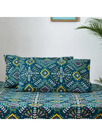 Chumbak Blue & Yellow Ethnic Motifs 136 TC Queen Bedsheet with 2 Pillow Covers | Grocsy
