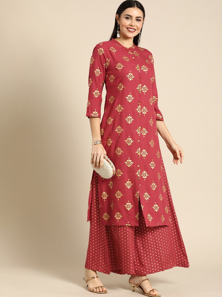 All About You Women Red Ethnic Motifs Printed Kurta with Palazzos | Grocsy