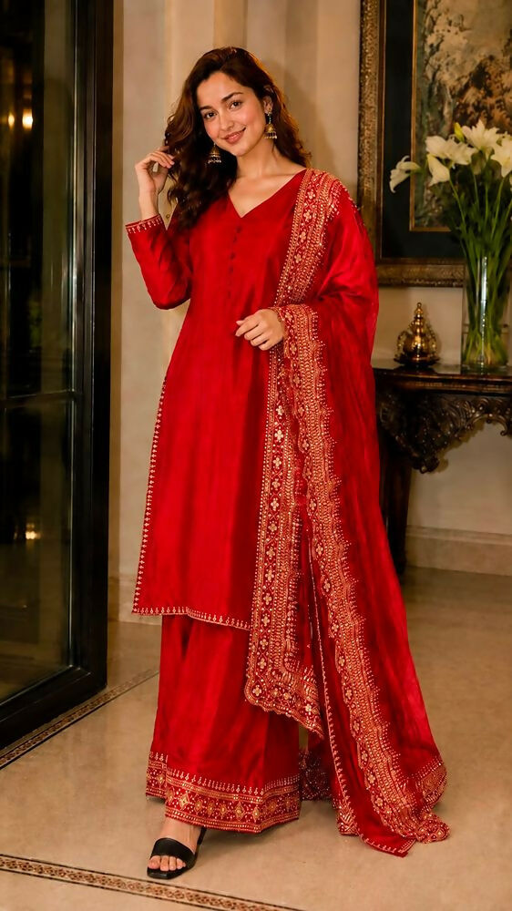 Teeya Creation New Latest Stylish Classic Red Festive Kurta Set with Gold Zari Border Palazzo and Dupatta | Grocsy